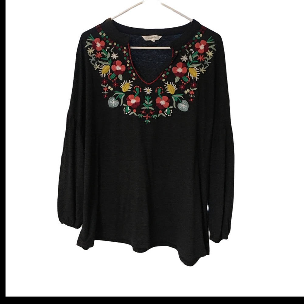 Plus Size 1 XL Floral shirt, embrodiered, long sleeve, navy blue, amaryllis
